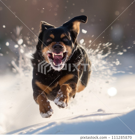 a dog with a large open mouth runs happily jumping in the snow 111285870