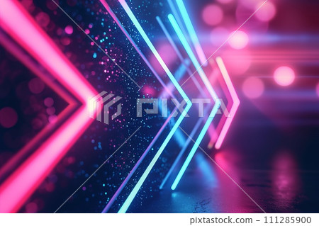 abstract neon arrow. Speed and technology concept. Glowing pink blue lines and bokeh lights abstract neon arrow. Speed and technology concept. Glowing pink blue lines and bokeh lights 111285900