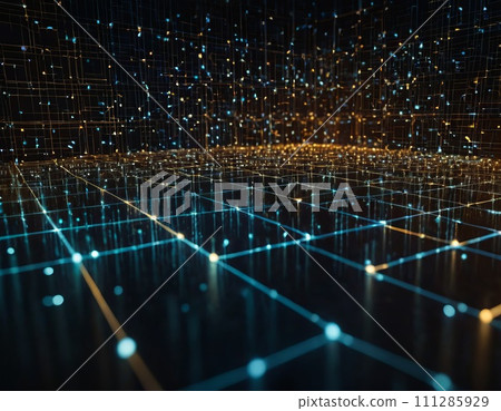 abstract representation of interconnected data nodes, digital matrix, binary code transmission 111285929
