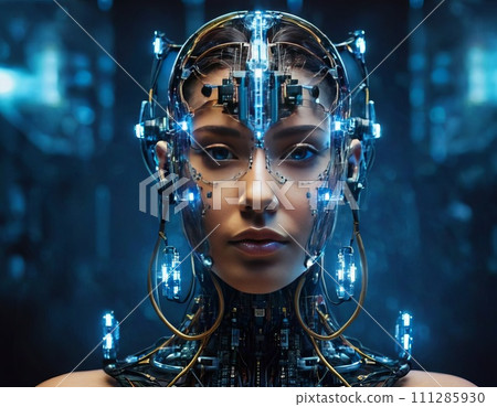 Abstract digital human head constructed from electrical circuits, AI avatar, sentient in cyberspace 111285930