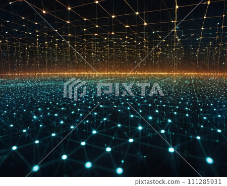 abstract representation of interconnected data nodes, digital matrix, binary code transmission 111285931