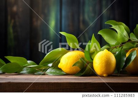 two lemons with leaves lie on a wooden surface 111285983