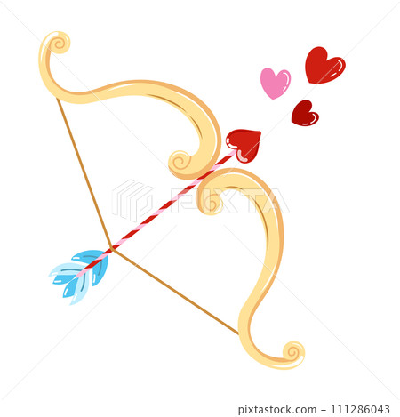 Hand drawn vector illustration of Cupid's bow with arrow and hearts. Romantic color doodle sketch for valentine's day. Hand drawn vector illustration of Cupid's bow with arrow and hearts. Romantic color doodle sketch for valentine's day. 111286043