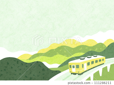 Natural scenery of fresh green mountains and trains. Simple background illustration in Japanese style. 111286211