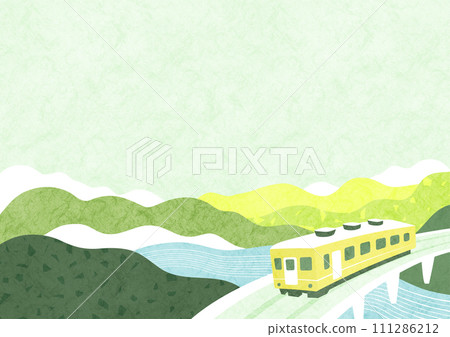 清新的綠色山脈和火車的自然風景。日式簡單的背景插圖。 清新的綠色山脈和火車的自然風景。日式簡單的背景插圖。 111286212