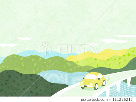 開車穿過新鮮綠色大自然的風景。日式簡單的背景插圖。 開車穿過新鮮綠色大自然的風景。日式簡單的背景插圖。 111286215