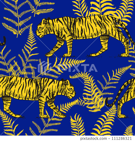 Japanese tigers with tropical leaves. Toile de jouy jungle. Wild animal with green plants. Banner or 111286321