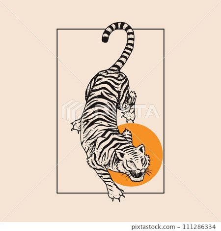 Japanese tiger against the background of the sun. Asian Wild animal. Banner or poster for 111286334