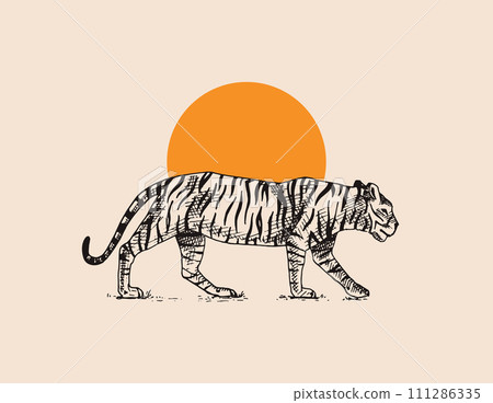 Japanese tiger against the background of the sun. Asian Wild animal. Banner or poster for 111286335