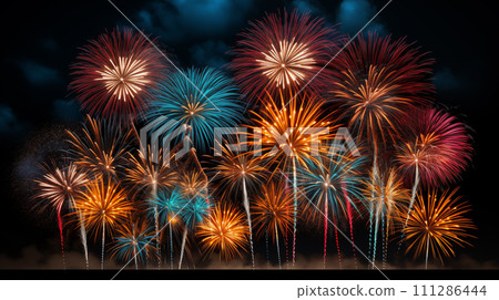AI-generated content. A stunning burst of multicolored fireworks light up the dark sky, 111286444