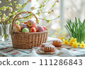 AI-generated content. Easter composition. Easter eggs, cake and flowers on the table. AI-generated content. Easter composition. Easter eggs, cake and flowers on the table. 111286843
