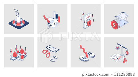 Unemployment and crisis concept of isometric icons in 3d isometry design for web. Financial problems and job loss, poverty and jobless, global economic recession with arrow down. Vector illustration Unemployment and crisis concept of isometric icons in 3d isometry design for web. Financial problems and job loss, poverty and jobless, global economic recession with arrow down. Vector illustration 111286898