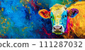 AI-generated content. Psychedelic Pastures: A Vividly Colorful Cow Portrait. Horizontal banner with copy space 111287032