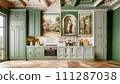 AI-generated content. Kitchen interior design. Classical Elegance: A Luxurious Kitchen with Artistic Murals 111287038