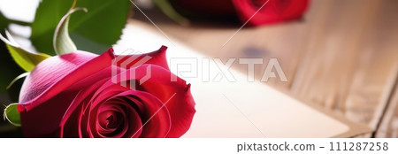 Beautiful banner with red roses background of Mothers, Valentine Day, Birthday, Anniversary, Wedding. Copy space. For advertisement, greeting card mockup, presentation, header, poster, website, print. 111287258