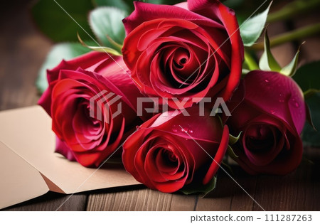 Beautiful banner with red roses background of Mothers, Valentine Day, Birthday, Anniversary, Wedding. Copy space. For advertisement, greeting card mockup, presentation, header, poster, website, print. Beautiful banner with red roses background of Mothers, Valentine Day, Birthday, Anniversary, Wedding. Copy space. For advertisement, greeting card mockup, presentation, header, poster, website, print. 111287263