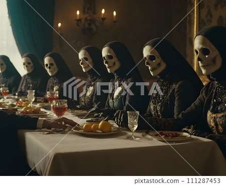 AI-generated content. Skeleton Gathering in Candlelit Room, AI Generated 111287453