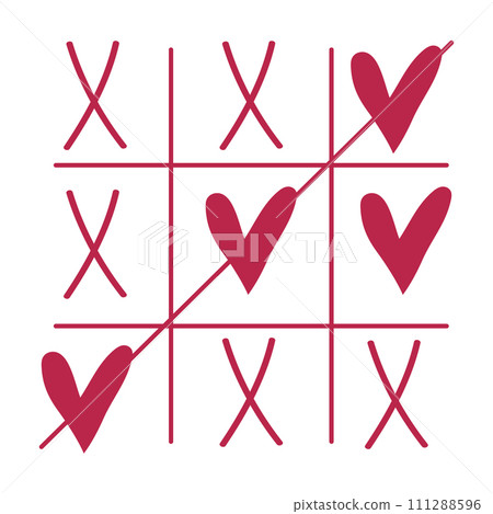 Doodle style tic tac toe game with hearts. Xo play Valentine's Day print. 111288596