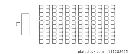 Auditorium seating plan top view. Schema of seats in classroom, lectorium, meeting, conference, training, seminar, business event. Desk and chairs icons. Furniture symbols 111288635
