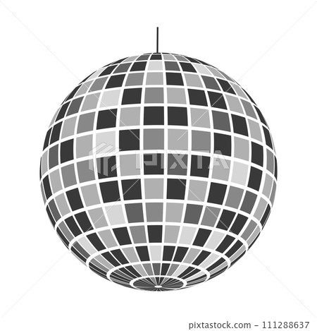 Mirror discoball icon. Shining nightclub sphere. Dance music party disco ball. Mirrorball in 70s 80s 90s retro discotheque style. Night life symbol isolated on white background 111288637