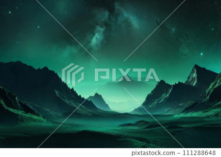 AI-generated content. Dark mountains, Shimmering emerald dust, alien night landscape, a monochromatic teal palette. surreal ambiance. 111288648