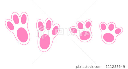 Cute pink bunny feet print. Rabbit paws step on white background. Design elements for Easter party celebration, greeting or invitation card. Vector flat illustration 111288649