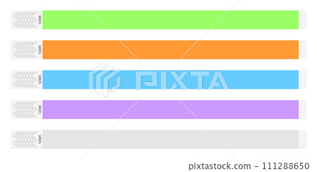 Event bracelet mockups. Admission wristbands for concert, festival, cinema, party, hotel, hospital entrance isolated on white background. Patient identification handbands 111288650
