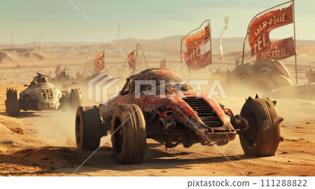 Vintage vehicle race on space planet like Mars, futuristic old rovers drive on desert, fantastic movie scene with retro sports car. Concept of fantasy dystopia, steampunk and future 111288822