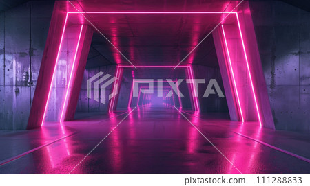 Concrete neon hall background, abstract empty garage with lines of led pink light, perspective of modern dark grungy hallway or tunnel. Concept of grunge, room, warehouse 111288833