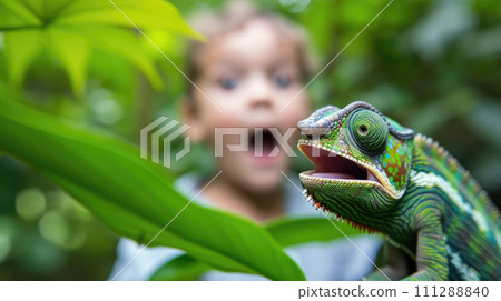 Green chameleon in jungle, happy surprised child reacts to reptile. Big lizard on funny kid background, macro view of wild animal in forest or park. Concept of nature, wildlife 111288840