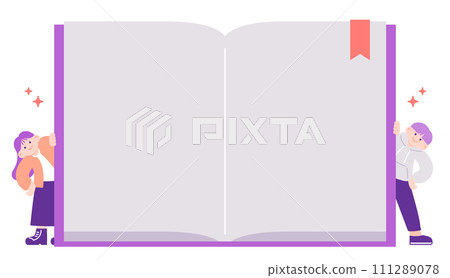 Bookmarked double-page notebook and flat person illustration 111289078