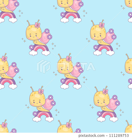 Seamless pattern with cute snail girl character. Funny kawaii insect on rainbow on blue background with clouds. Vector illustration in trendy retro style. Kids collection Seamless pattern with cute snail girl character. Funny kawaii insect on rainbow on blue background with clouds. Vector illustration in trendy retro style. Kids collection 111289753