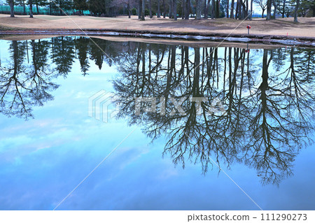 Mirror reflection on the waterside Winter scenery in the water mirror 111290273