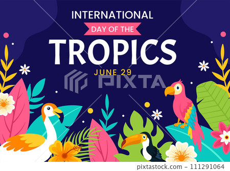 International Day of the Tropics Vector Illustration on 29 June with Animal, Grass and Flower Plants to Preserve Tropic in Nature Flat Background 111291064