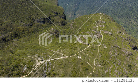 Aerial photograph of walking tracks to lookout points in the Grose Valley in the Blue Mountains in Australia Aerial photograph of walking tracks to lookout points in the Grose Valley in the Blue Mountains in Australia 111291123