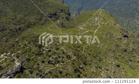 Aerial photograph of walking tracks to lookout points in the Grose Valley in the Blue Mountains in Australia Aerial photograph of walking tracks to lookout points in the Grose Valley in the Blue Mountains in Australia 111291124