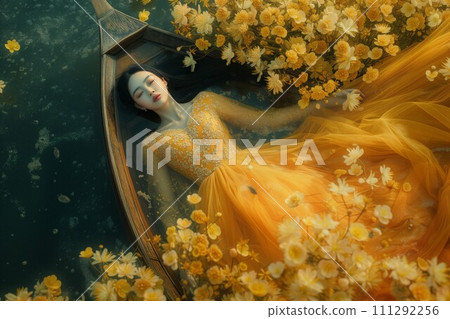 AI-generated content. Tranquil Beauty in a Boat Adrift with Yellow Blossoms 111292256