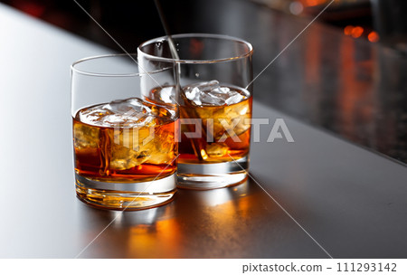Whiskey AI generated image Bar counter Liquor glass Bourbon Scotch Distilled liquor 111293142