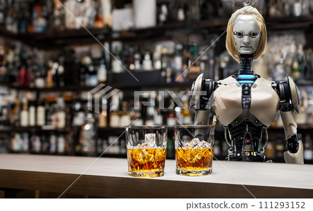 Whiskey AI generated image Bar counter Liquor glass Bourbon Scotch Distilled liquor 111293152
