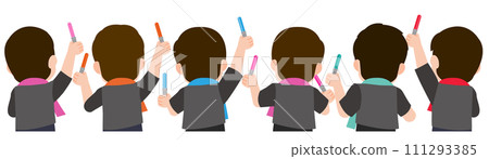 看起來像是在音樂會上玩得很開心的男人，後視圖插圖 111293385