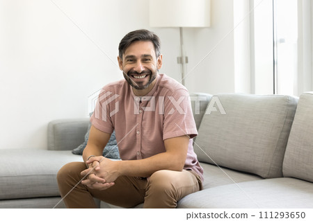 Happy handsome middle aged man sitting on comfortable sofa Happy handsome middle aged man sitting on comfortable sofa 111293650