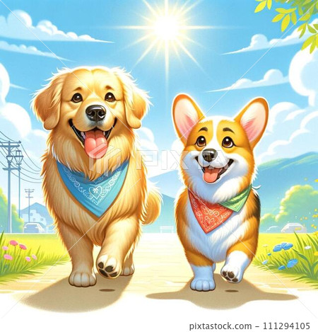 兩隻快樂的狗散步的插圖 111294105