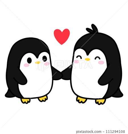 Penguin couple holding hands in love, Hand Drawn, and Cartoon  Illustration. 111294108