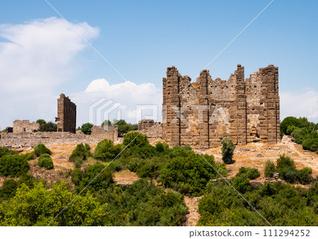 Ruins of Nymphaeum and Bazilika of ancient city Aspendos. Turkey 111294252