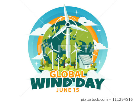 Global Wind Day Vector Illustration on June 15 with Earth Globe and Winds Turbines for Power and Energy Systems on Blue Sky in Flat Cartoon Background Global Wind Day Vector Illustration on June 15 with Earth Globe and Winds Turbines for Power and Energy Systems on Blue Sky in Flat Cartoon Background 111294516