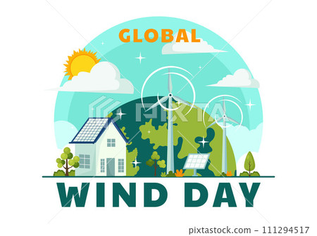Global Wind Day Vector Illustration on June 15 with Earth Globe and Winds Turbines for Power and Energy Systems on Blue Sky in Flat Cartoon Background 111294517