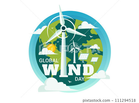 Global Wind Day Vector Illustration on June 15 with Earth Globe and Winds Turbines for Power and Energy Systems on Blue Sky in Flat Cartoon Background Global Wind Day Vector Illustration on June 15 with Earth Globe and Winds Turbines for Power and Energy Systems on Blue Sky in Flat Cartoon Background 111294518