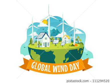 Global Wind Day Vector Illustration on June 15 with Earth Globe and Winds Turbines for Power and Energy Systems on Blue Sky in Flat Cartoon Background Global Wind Day Vector Illustration on June 15 with Earth Globe and Winds Turbines for Power and Energy Systems on Blue Sky in Flat Cartoon Background 111294520
