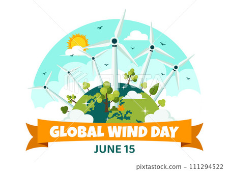 Global Wind Day Vector Illustration on June 15 with Earth Globe and Winds Turbines for Power and Energy Systems on Blue Sky in Flat Cartoon Background Global Wind Day Vector Illustration on June 15 with Earth Globe and Winds Turbines for Power and Energy Systems on Blue Sky in Flat Cartoon Background 111294522