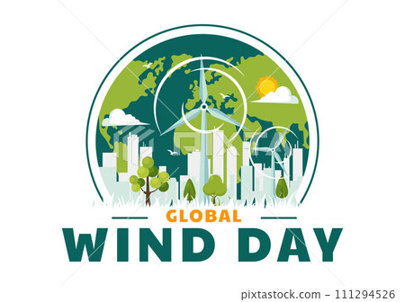 Global Wind Day Vector Illustration on June 15 with Earth Globe and Winds Turbines for Power and Energy Systems on Blue Sky in Flat Cartoon Background Global Wind Day Vector Illustration on June 15 with Earth Globe and Winds Turbines for Power and Energy Systems on Blue Sky in Flat Cartoon Background 111294526